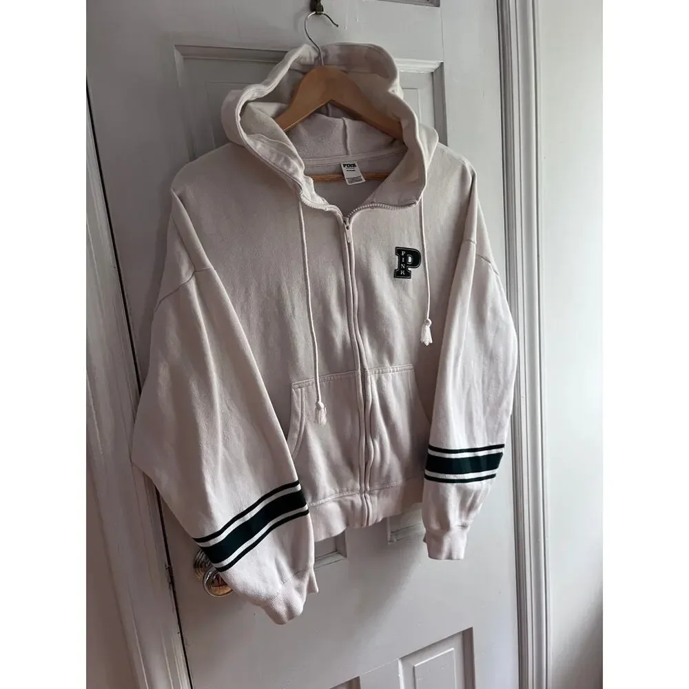 Victoria's Secret PINK Cream Green Velvet Stripe Full Zip Lounge Hoodie M | Y2k